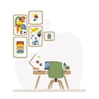 Creative workspace interior with poster art. Designer minimalist studio like home office. Cozy work zone with copy space. Domestic scene hand drawn flat vector illustration with abstract background
