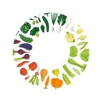 degradado circulo marco con vegetal mezcla. verduras arco iris redondo borde. vistoso agrícola concepto antecedentes. granja local orgánico productos mano dibujado plano vector ilustración con Copiar espacio