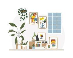 Home cozy hallway interior with window. Domestic scene with houseplants and picture art. Creative wall posters. Cute green zone with many plants and decor. House hand drawn flat vector illustration
