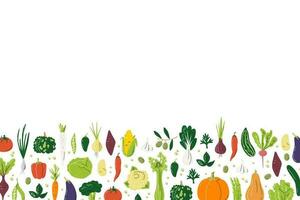 vegetal mezcla abajo borde. vistoso irregular antecedentes concepto con Copiar espacio. verduras bandera para local agricultores mercado. modelo diseño aislado. granja productos mano dibujado plano vector ilustración