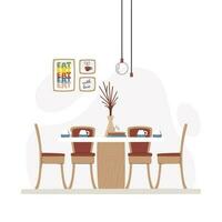 Dining furniture on abstract background. Cozy residential home room. Kitchen zone or dining space with decor and food. Tea time with homemade pie. Interior scene hand drawn flat vector illustration