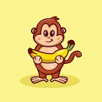 Cute monkey holding banana icon illustration isolated in yellow background. animal icon concept isolated.  flat cartoon style vector