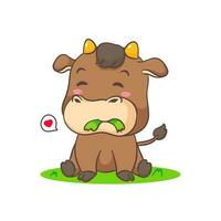 Cute ox eating grass cartoon character. Adorable animal concept design. Isolated white background. Vector illustration