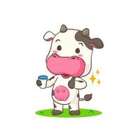 Cute cow holding milk cartoon character. Adorable animal concept design. Isolated white background. Vector illustration