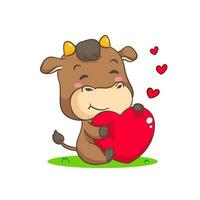 Cute Ox holding red love heart cartoon character. Adorable animal concept design. Isolated white background. Vector illustration