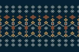 Ethnic geometric fabric pattern Cross Stitch.Ikat embroidery Ethnic oriental Pixel pattern navy blue background. Abstract,vector,illustration. Texture,clothing,frame,decoration,motifs,silk wallpaper. vector