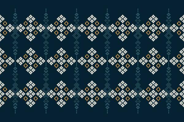 Ethnic geometric fabric pattern Cross Stitch.Ikat embroidery Ethnic oriental Pixel pattern navy blue background. Abstract,vector,illustration. Texture,clothing,frame,decoration,motifs,silk wallpaper.