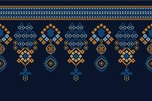 Ethnic geometric fabric pattern Cross Stitch.Ikat embroidery Ethnic oriental Pixel pattern navy blue background. Abstract,vector,illustration. Texture,clothing,frame,decoration,motifs,silk wallpaper. vector