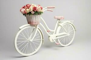 un bicicleta con un cesta y flores, un encantador escena ai generado foto