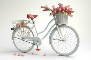 un bicicleta con un cesta y flores, un encantador escena ai generado foto