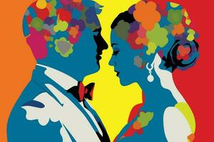 wedding couple pop art vector illustration, colorful art of a wedding couple