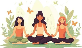 Tres muchachas haciendo ilustración, internacional yoga día, yoga día bandera, yoga día antecedentes vector