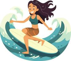 surfing girl illustration, Cheerful girl surfing with joyful expression vector