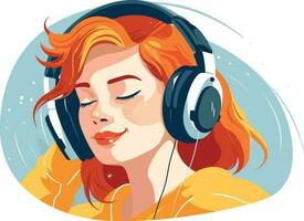 cute girl listening to music peacefully illustration, joyful girl listening to music vector