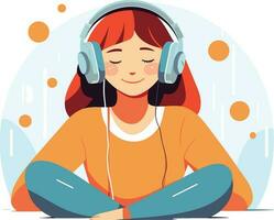 cute girl listening to music peacefully illustration, joyful girl listening to music vector