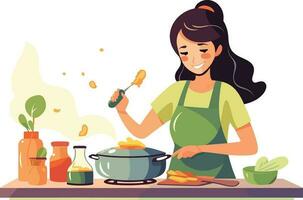 sano comiendo mujer Cocinando un nutritivo comida con Fresco vegetales en un bien equipado cocina vector
