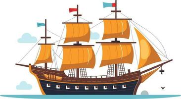 Ocean Voyage Exploring the Maritime Industry on a Nautical Vessel, Explore a cartoon boat sailing on the sea, a maritime journey awaits. Pirated ship vector illustration