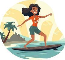 surf niña ilustración, alegre niña surf con alegre expresión vector