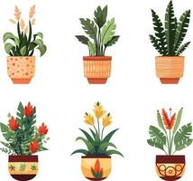 Plant pots set illustration, Vibrant botanical garden with various plants, vegetables, and succulents thriving in pots. vector