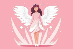 hermosa hada con un angelical aura ilustración, ángel con alas ilustración en rosado antecedentes vector