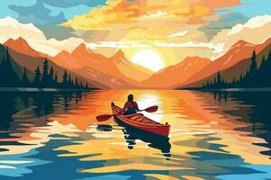 tranquilo puesta de sol terminado montañas y lago, reflejando belleza de naturaleza y transporte, joven mujer kayak en cristal lago ilustración para impresión, fondo de pantalla diseño y pared Arkansas vector