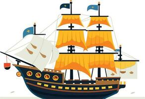 Ocean Voyage Exploring the Maritime Industry on a Nautical Vessel, Explore a cartoon boat sailing on the sea, a maritime journey awaits. Pirated ship vector illustration