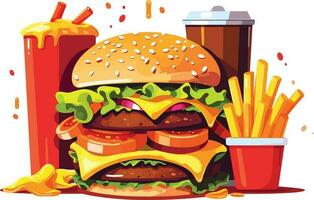 Delicious Fast Food Snack with  burger,  coke and Fresh Vegetables on a White Background illustration,  burger, coke, hot and spicy french fries illustration vector