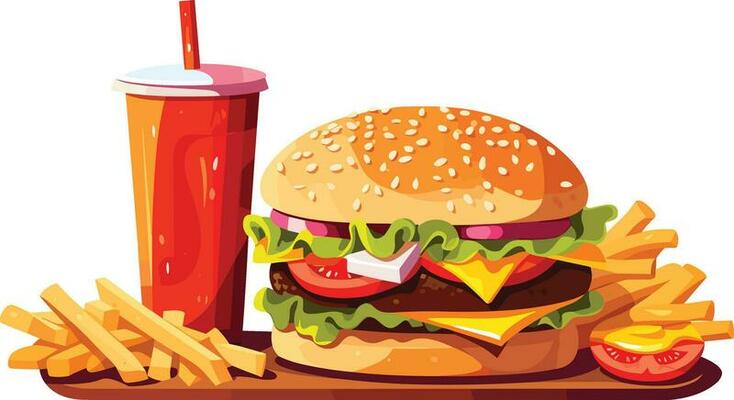 Delicious Fast Food Snack with  burger,  coke and Fresh Vegetables on a White Background illustration,  burger, coke, hot and spicy french fries illustration