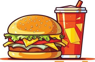 delicioso rápido comida bocadillo con hamburguesa, Coca y Fresco vegetales en un blanco antecedentes ilustración, hamburguesa, Coca, caliente y picante francés papas fritas ilustración vector
