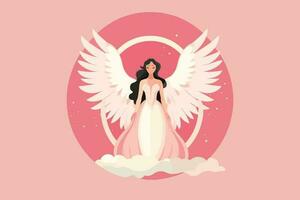 hermosa hada con un angelical aura ilustración, ángel con alas ilustración en rosado antecedentes vector