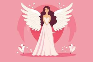hermosa hada con un angelical aura ilustración, ángel con alas ilustración en rosado antecedentes vector