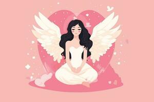 hermosa hada con un angelical aura ilustración, ángel con alas ilustración en rosado antecedentes vector