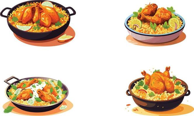set of hot and spicy chicken biryani with roasted pieces and lemon illustration on isolated white background