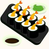 Flat design illustration of sushi roll with shrimp tempura on a black plate. Perfect use for restaurant menu vector