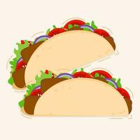 Flat design of taco with meat, tomatoes, onion, and lettuce. Isolated Mexican food vector