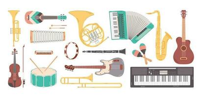 grupo de varios musical instrumentos aislado en blanco antecedentes. instrumentos de cuerda, percusión, viento musicas instrumento. plano dibujos animados vector ilustración.