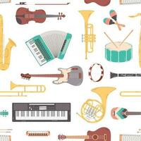 sin costura modelo con diferente música instrumentos en blanco antecedentes. de colores plano vector ilustración.