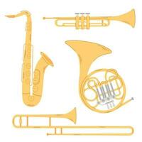 Various gold brass woodwind music instrument isolated on white background. Colored flat vector illustration.