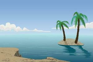 Cartoon vector landscape background. Ocean , sea with palm tree on the island