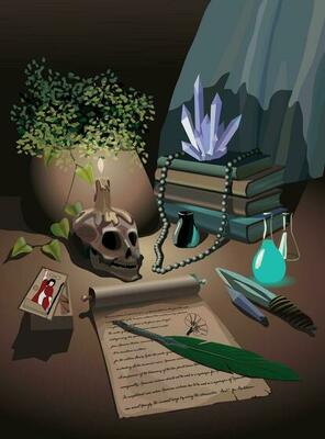 Medieval still life, naturemorte for printing. Flasks, old books, pen, scroll, scull, tarot and crystals. Background in vector.