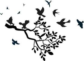 Tree branch with leaves, birds perched and flying with black and white silhouette - wall decals vector
