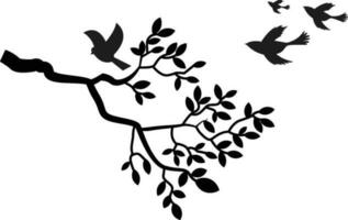 Tree branch with leaves, birds perched and flying with black and white silhouette - wall decals vector