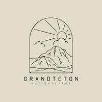 grand teton mountain national park line art logo design with  sun burst and cloud minimalist style logo vector illustration design.