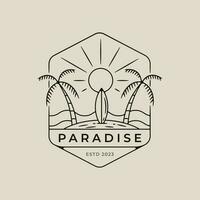 paradise beach  line art logo design with surf board and sun burst minimalist style logo vector illustration design.