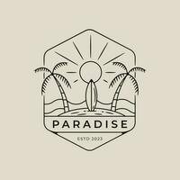 paradise beach  line art logo design with surf board and sun burst minimalist style logo vector illustration design.