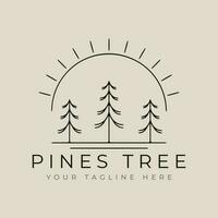 pines tree vector logo template illustration graphic design with sun burst minimalist line art style design.