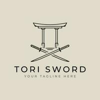 torii gate and katana sword vector template logo illustration  graphic  design line art style with minimalist design.