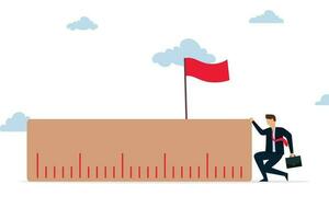 Measuring business success. A wise businessman uses a measuring to measure and analyze the distance between himself and the goal flag. vector