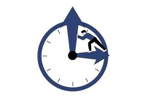 rebobinar hora a cambio o correcto un error. un empresario en pie en el hora mano de un reloj gestiona a empujar espalda el minuto mano a giro espalda tiempo. vector