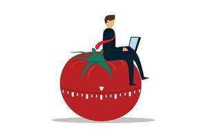 To boost work productivity, use the Pomodoro technique. A businessman concentrates on his laptop computer while sitting on a Pomodoro tomato timing stopwatch. vector